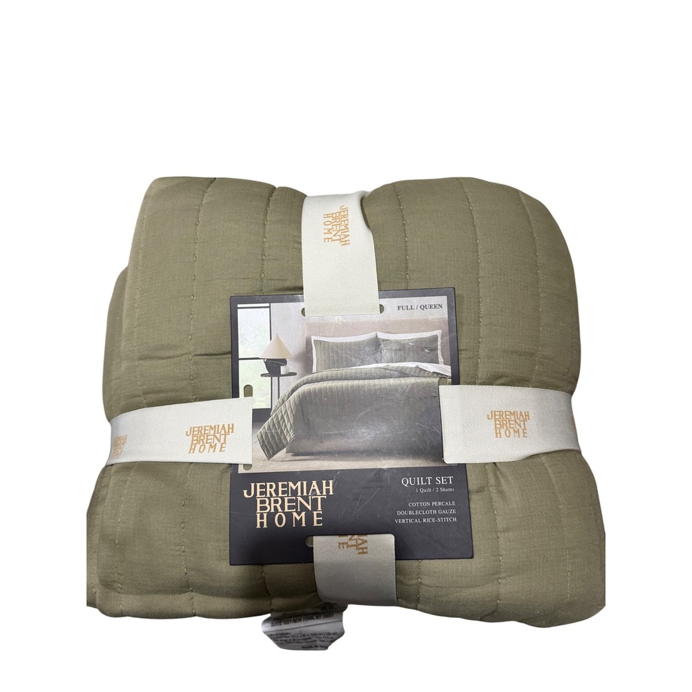 Jeremiah Brent Home Quilt Set Full Queen Olive Green Cotton Percale 3pc New